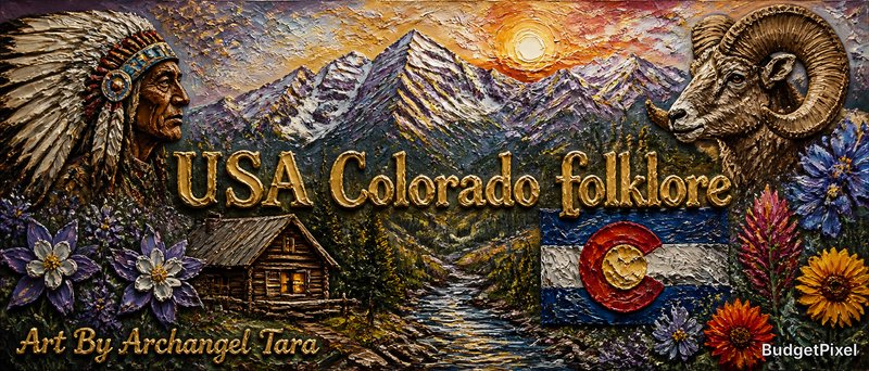 Colorful mural of USA Colorado folklore featuring mountains, Native American portrait, ram, cabin, Colorado flag and flowers