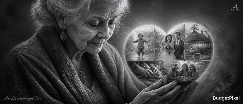 Black-and-white image of an elderly woman gazing at a heart-shaped jigsaw puzzle showing family memories.