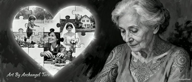 Black-and-white collage showing a heart-shaped puzzle with family photos beside an elderly tattooed woman.