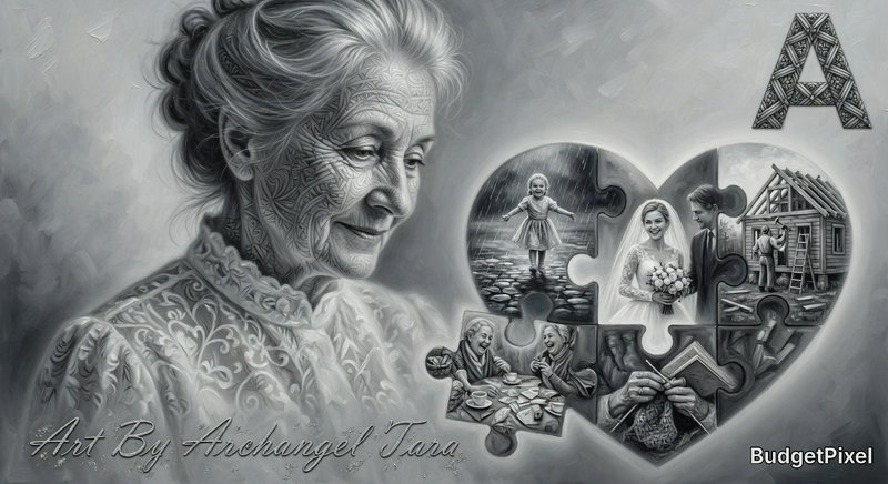 Grayscale portrait of an elderly woman with ornamental tattoo-like patterns on her face beside a heart-shaped puzzle