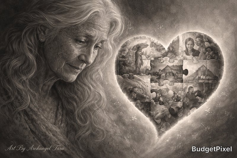 Monochrome portrait of an elderly woman gazing at a heart-shaped collage of memories.