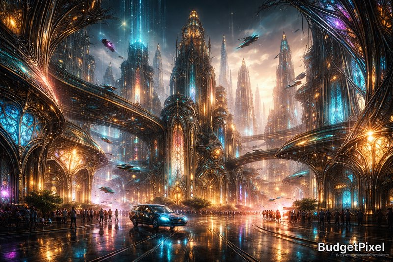 Futuristic neon city with towering spires, glowing bridges, and flying vehicles at dusk.