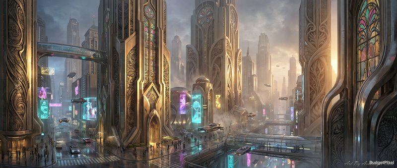 Futuristic cityscape with tall ornate gold skyscrapers, flying cars, and glowing holographic signs.