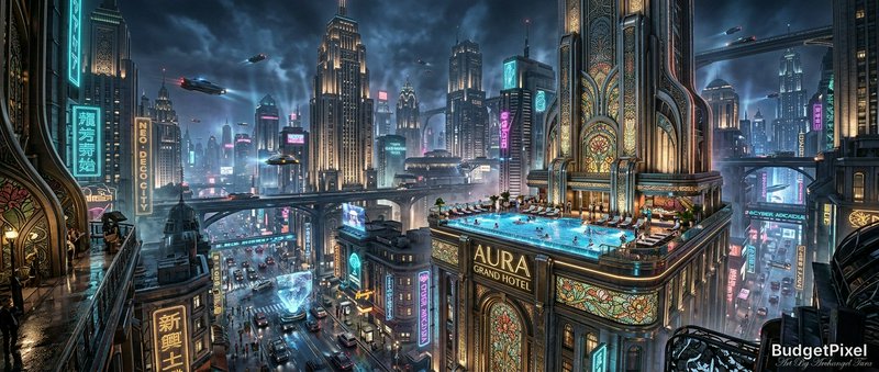 Rooftop pool at Aura Grand Hotel in a neon-lit futuristic cityscape with flying cars.