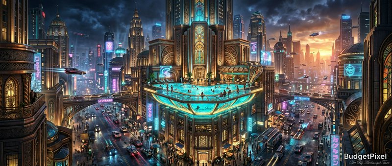 Futuristic neon-lit cityscape with a glass rooftop pool and flying vehicles.