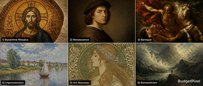 Collage of six art styles: Byzantine mosaics, Renaissance portrait, Baroque scene, Impressionist river, Art Nouveau