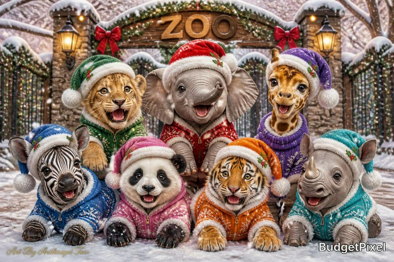 Group of festive baby animals in Christmas sweaters at the zoo in the snow.