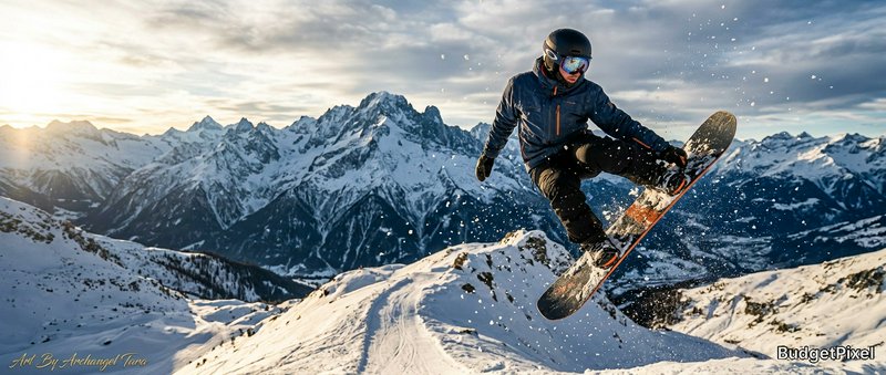 Snowboarder mid-air on a snowy mountain slope with rugged alpine peaks in the background.