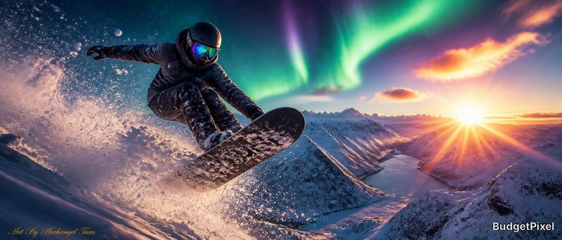 Snowboarder carving a snowy mountain slope under the aurora borealis at sunset.