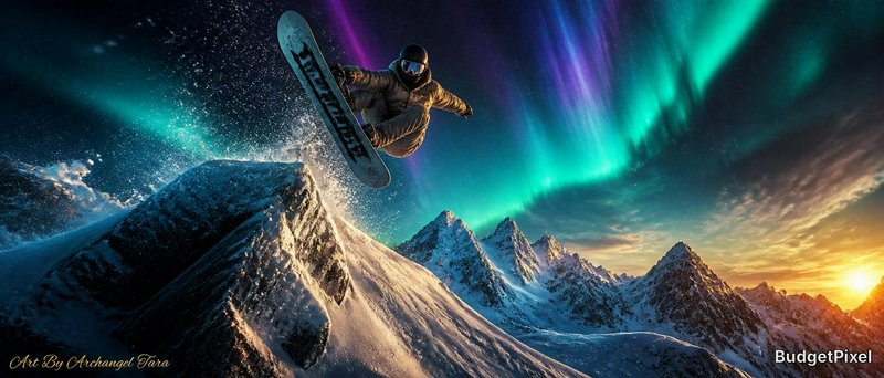 Snowboarder in mid-air jump over a snowy ridge under the colorful aurora borealis.