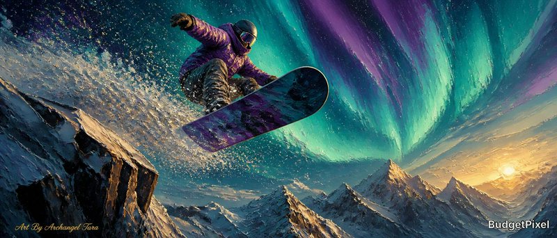Snowboarder performing a mid-air jump under the aurora borealis above rugged mountain peaks.
