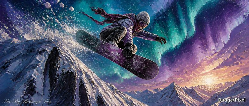 Snowboarder performing a high jump over snowy peaks beneath colorful aurora lights.