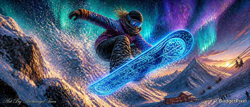 Snowboarder mid-air trick against snowy mountains and vibrant aurora borealis sky.