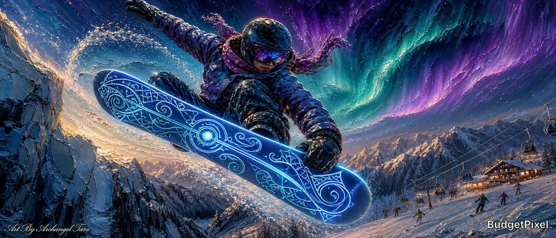 Snowboarder mid-air on a blue, ornate board under vibrant aurora borealis over snowy mountains.