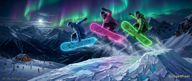 Three snowboarders leap mid-air over a snowy peak under vivid aurora borealis in a night mountain scene.