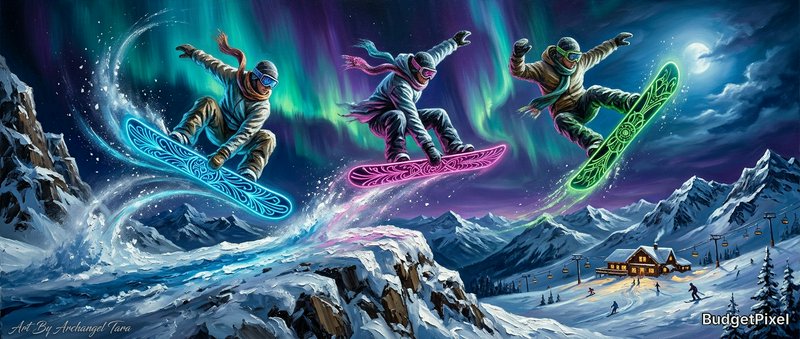 Three snowboarders leaping mid-air over a snowy mountain landscape under a vibrant aurora borealis.
