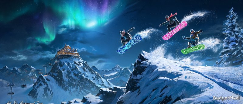 Snowboarders mid-air over snowy mountains under the aurora borealis at night
