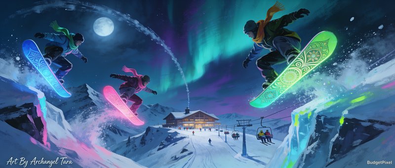 Nighttime snowboarders soaring over a snowy mountain landscape under colorful northern lights.