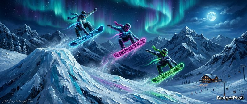 Three snowboarders leap off a snowy slope under a vivid aurora borealis in a mountainous night scene.