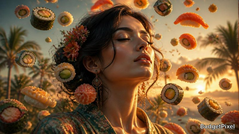 Woman with flowers and jewelry amidst floating sushi pieces at sunset.