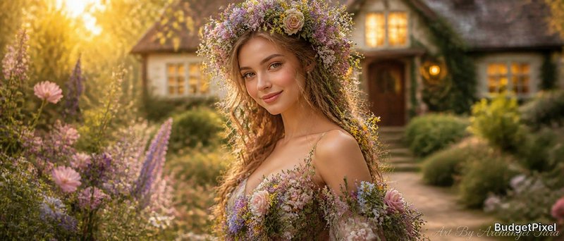 Woman with a lush floral crown in a sunlit cottage garden.