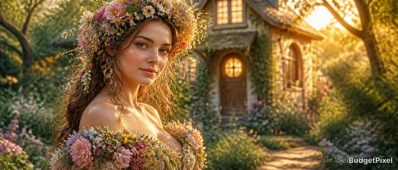 Woman wearing a lush flower crown in a sunlit garden with a cottage in the background
