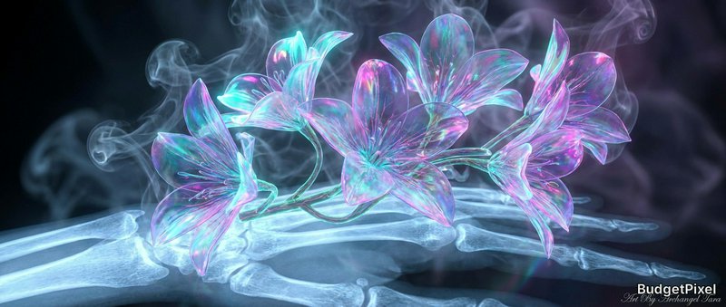Neon glowing flowers atop an X-ray hand, a surreal medical-art fusion.