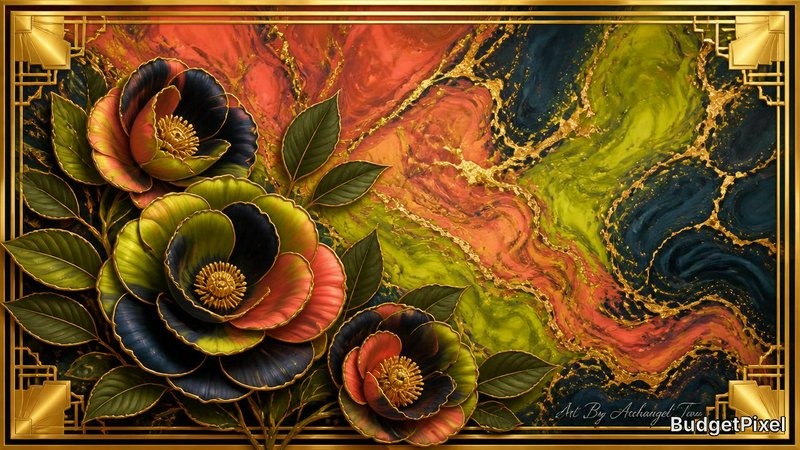 Ornate painting of multi-colored camellia-like flowers with a gold frame and swirling marble background.