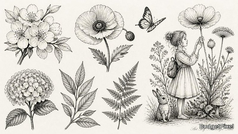 Whimsical black-and-white botanical illustration with flowers, leaves, a girl with a backpack, butterfly, and bunny.