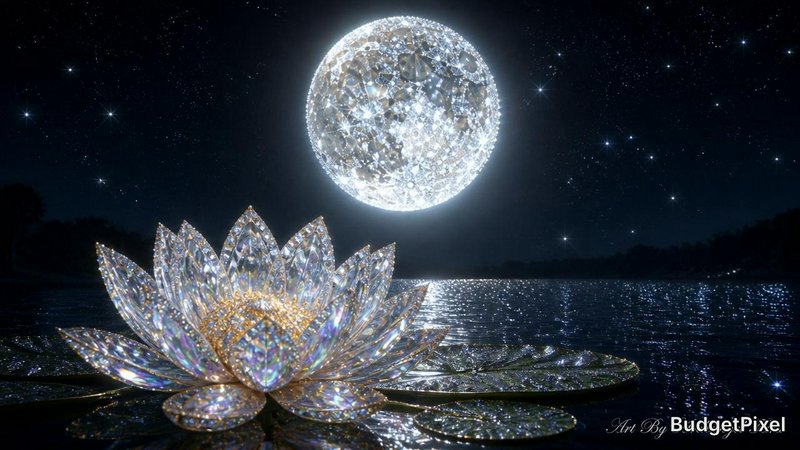 Crystal lotus sculpture lit at night beside a luminous full moon over a dark lake