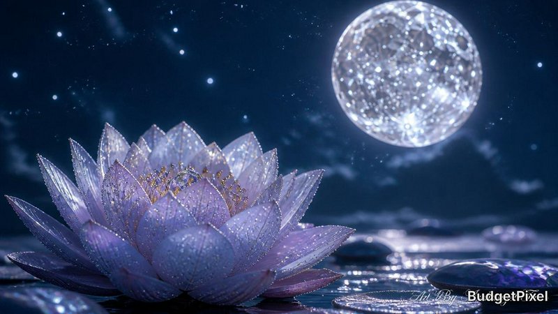 Purple lotus flower glowing under a luminous full moon in a tranquil nighttime scene.