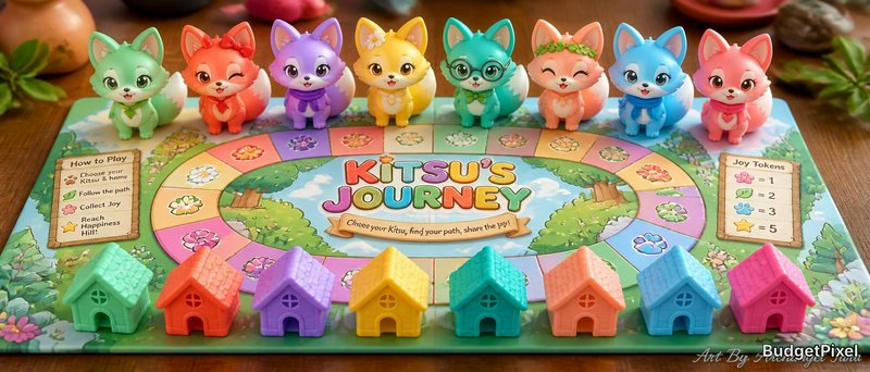 Colorful toy kitten figures lined up on a Kitsu's Journey board game with pastel houses.