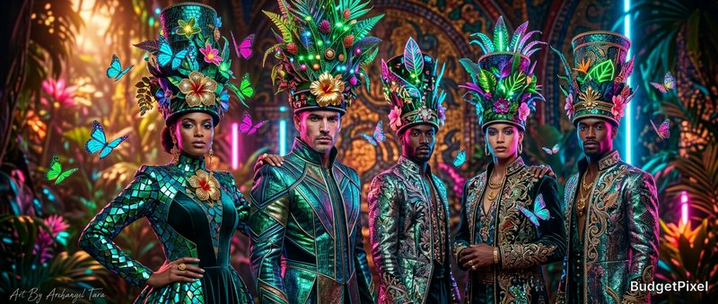 Five dancers in vibrant, ornate carnival costumes with tall jeweled headdresses in a neon-lit tropical setting.