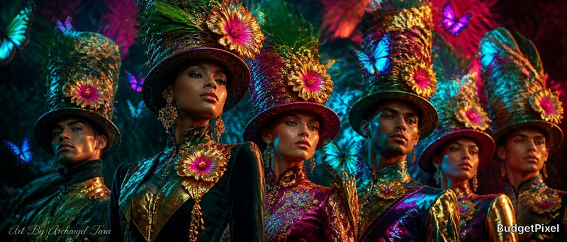 Group of performers in vibrant feathered headdresses and metallic outfits under colorful stage lighting.