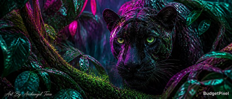Black panther hidden in neon-lit jungle foliage with vivid purple and green lighting