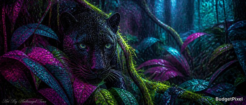 Black panther crouched in a neon-lit jungle with vibrant purple and teal leaves.