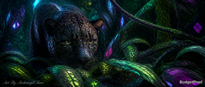 Black panther hidden among glowing neon jungle foliage in a dark, magical scene