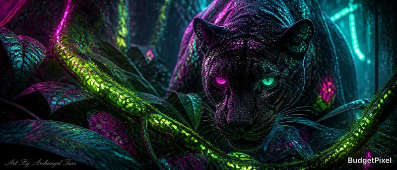 Black panther in neon-lit jungle with glowing green and pink highlights