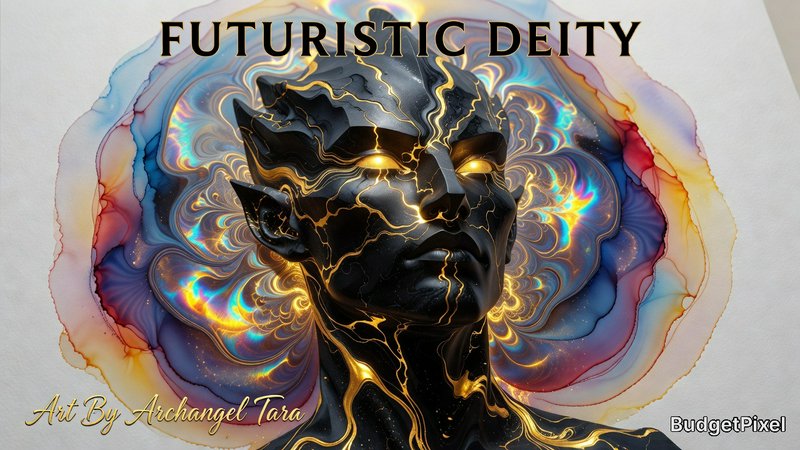 Futuristic metallic deity with glowing gold cracks and a vibrant cosmic swirl background.