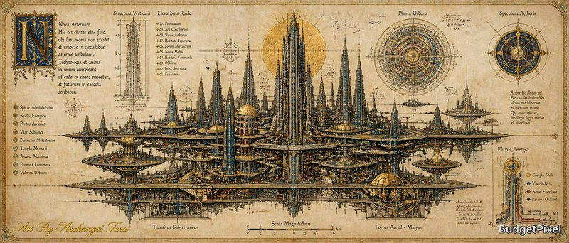 Intricate steampunk cityscape with towering spires, sky bridges, and circular diagrams on a parchment blueprint.