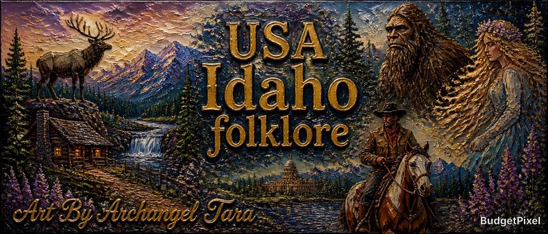 Colorful Idaho folklore mural with a hunter on horseback, Bigfoot, a deer, cabin, mountains, and a waterfall at dusk.