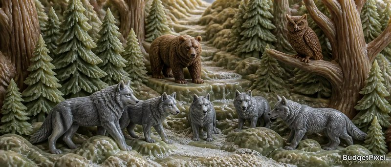 A forest diorama featuring six gray wolves, a brown bear, an owl in a branch, and dense evergreen trees.