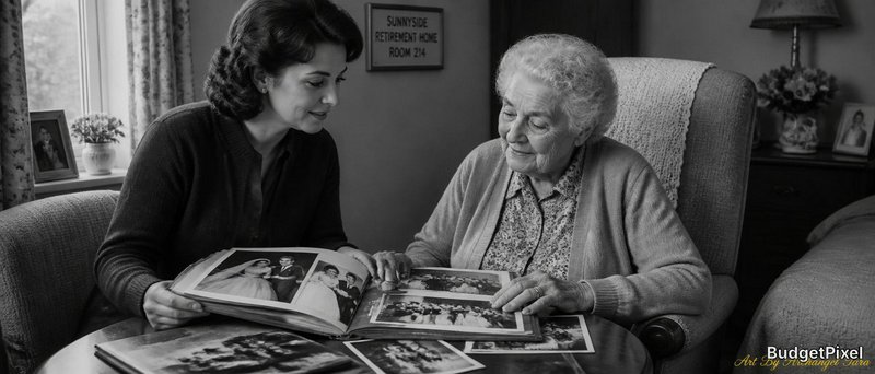 Younger woman and elderly grandmother looking through a photo album together at a cozy living room table.