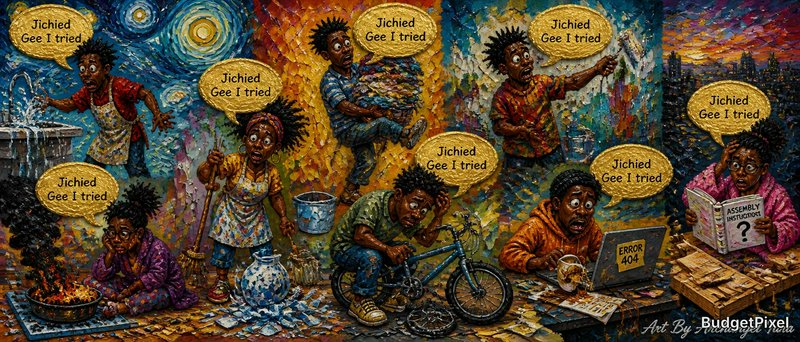 Colorful street-art collage of kids in a chaotic scene with speech bubbles "Jichied Gee I tried" across vibrant autumn
