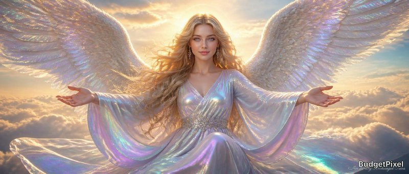 Ethereal angelic woman with iridescent gown and white wings above clouds at sunset.