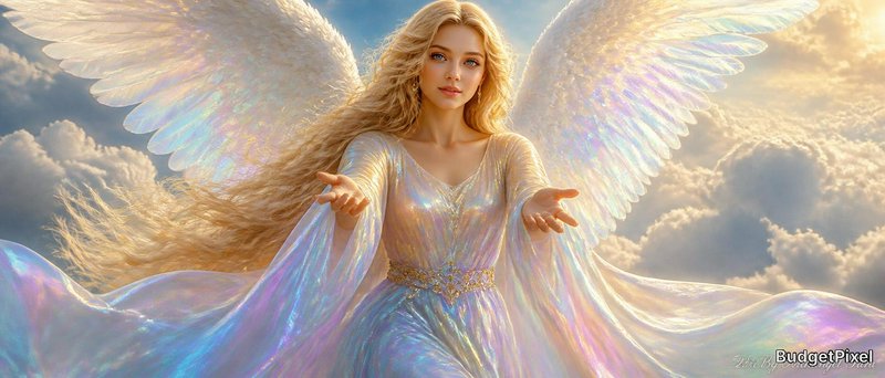 Beautiful celestial angel with iridescent wings reaching toward the viewer against a golden cloudy sky.