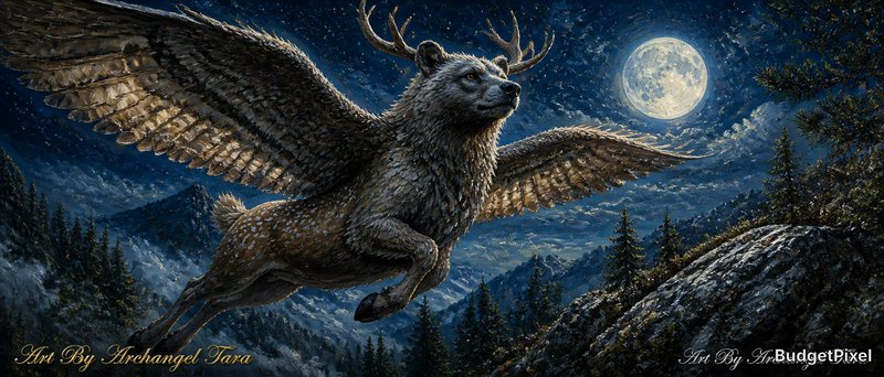 Winged stag with large antlers soars over a moonlit forest and snowy mountains.