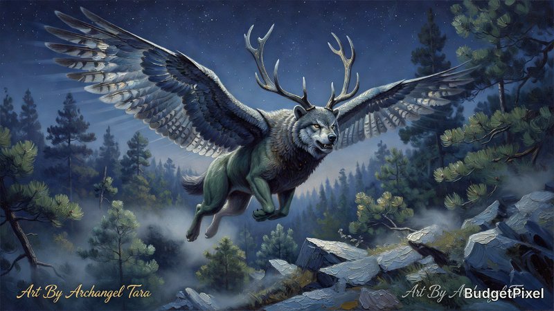 A majestic winged deer with antlers soaring over a moonlit forest.