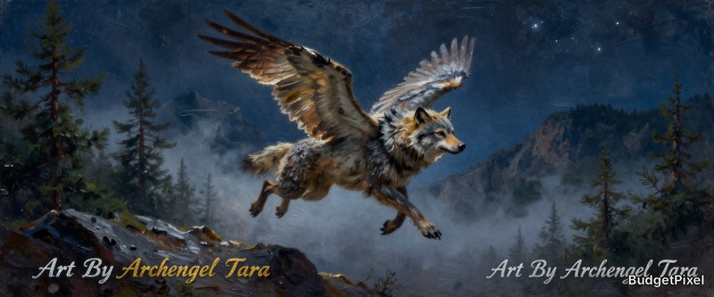 A winged wolf soars above misty mountains at twilight.
