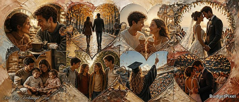 Collage of heart-shaped frames with couples in love, graduation, and wedding moments in warm autumn tones.